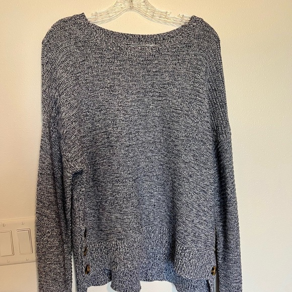 Joie Blue Marled Knit Crewneck Sweater with Step Hem Side Buttons Size Large - Picture 1 of 7